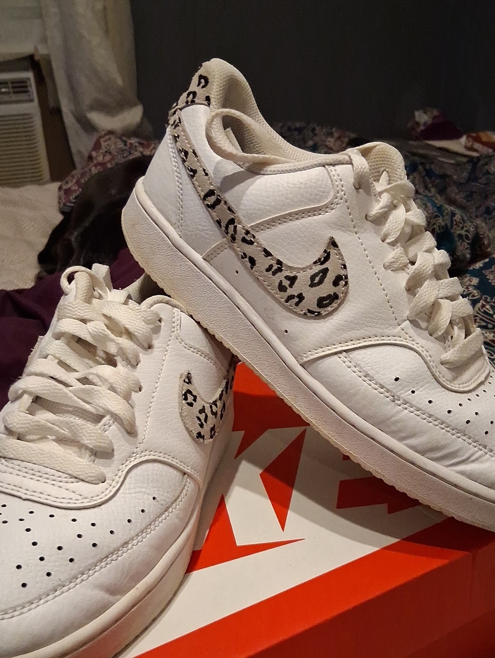 Nike White Sneakers with Leopard-Print Swoosh